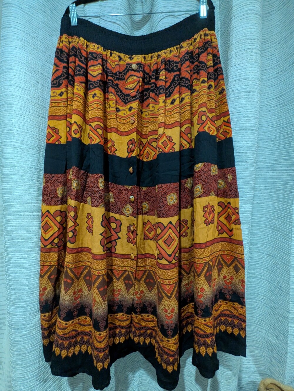 Carole Little Vintage Black, Mustard & Rust Midi Skirt with Ethnic Print - M/L